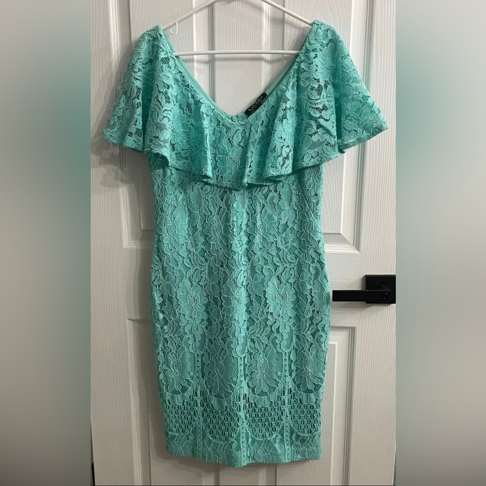 Ralph Lauren Womens Floral Lace Midi Dress Size 8 Light Turquoise Green